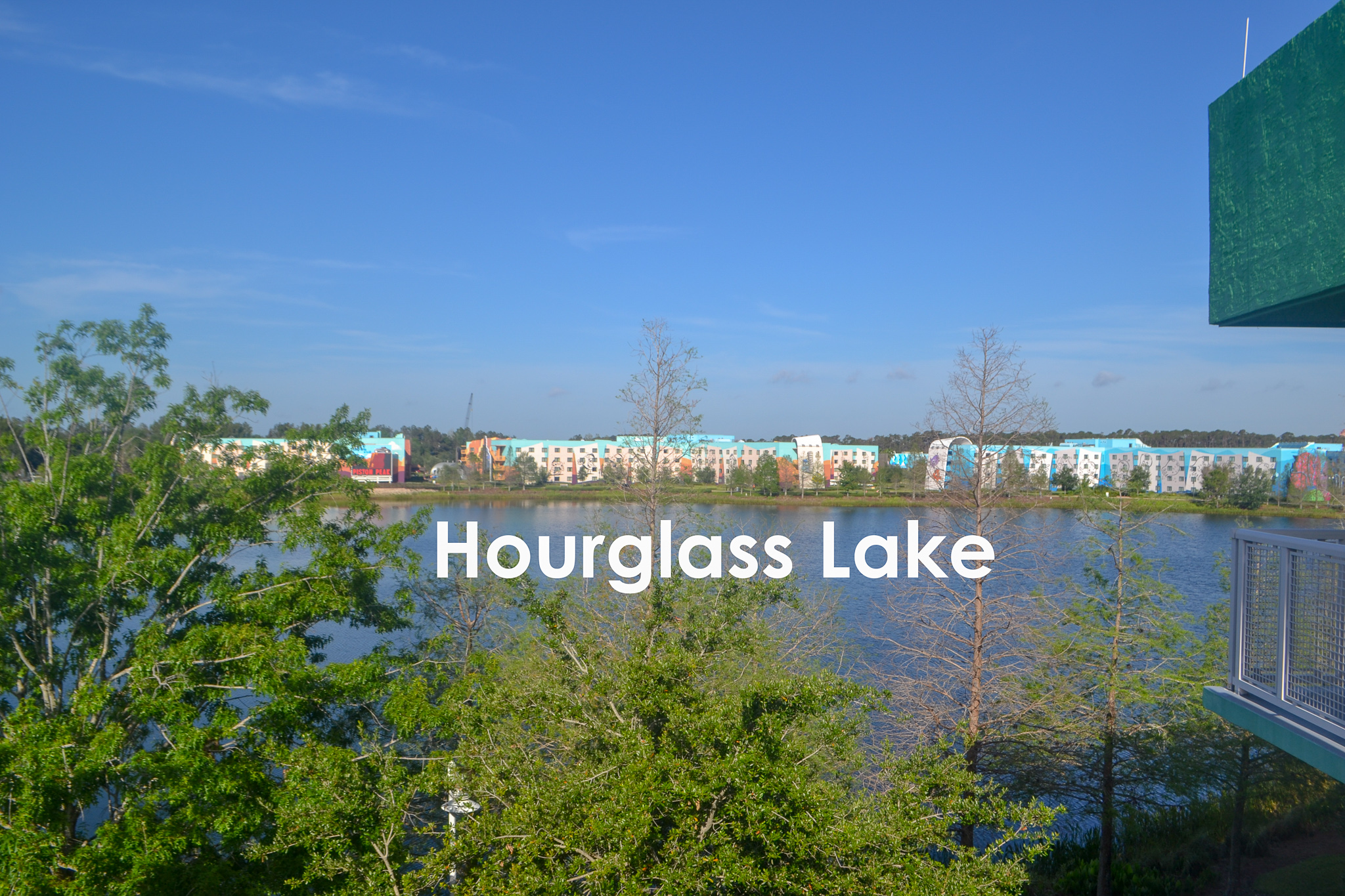 View of Hourglass Lake from 4th floor at Pop Century Resort looking at Art of Animation resort. 