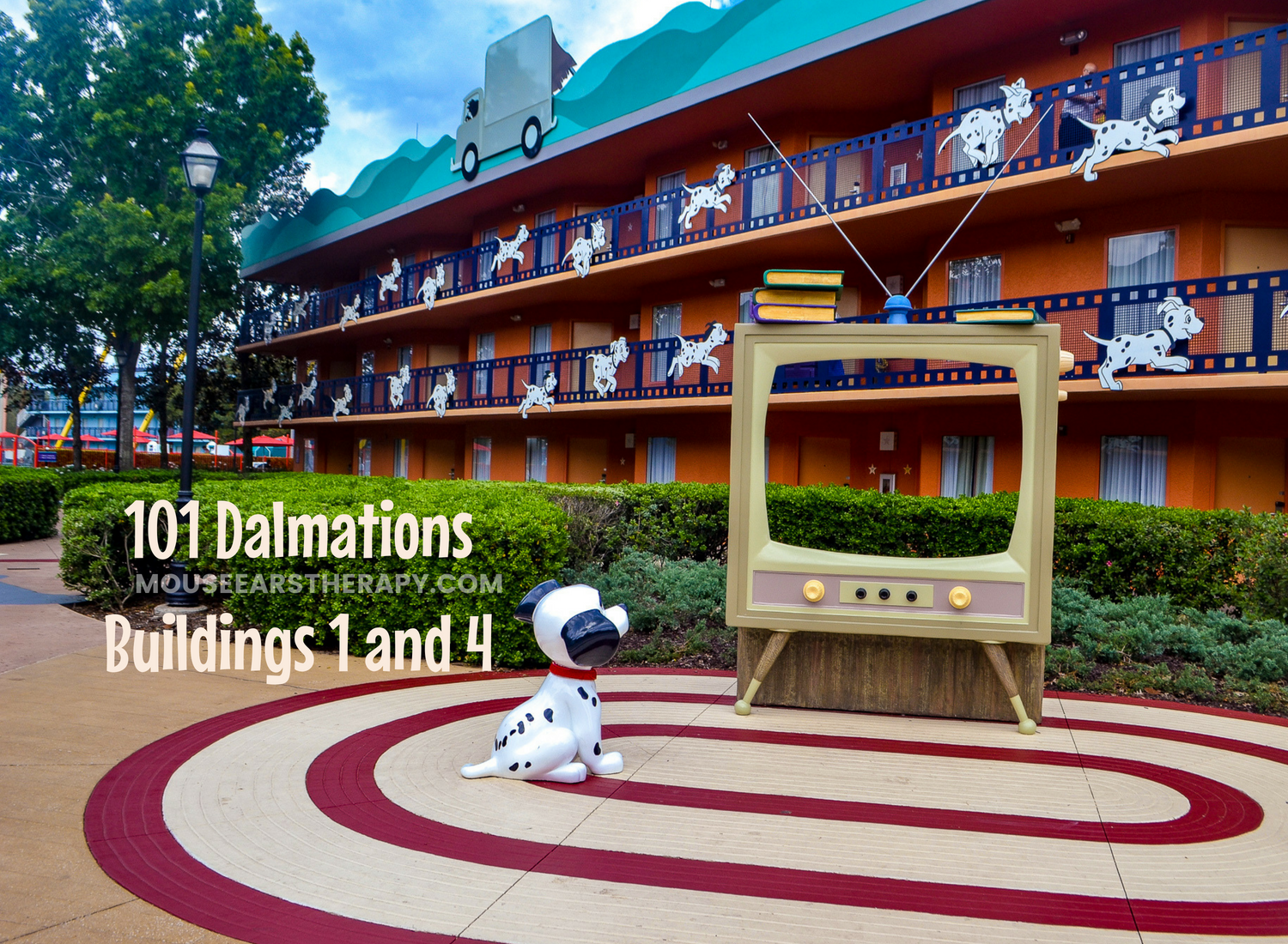 View of the 101 Dalmations buildings (1 and 4) at All Star Movies value resort. 