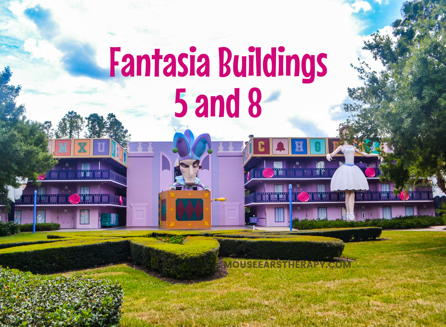 View of Fantasia Buildings 5 and 8 at All Star Movies value resort. 