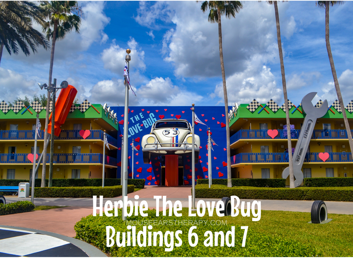 View of Herbie the Love Bug buildings 6 and 7 at All Star Movies value resort.