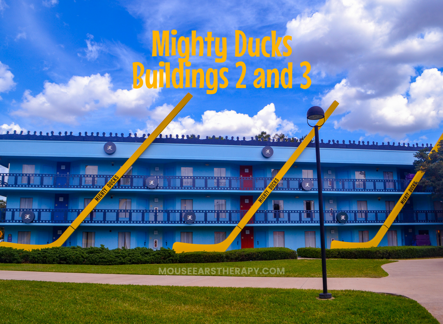 View of Mighty Ducks buildings 2 and 3 at All Star Movies value resort. 