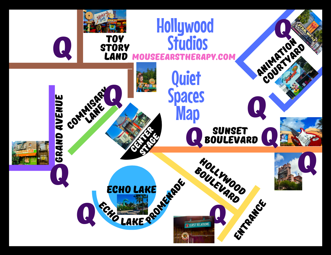A map created to show recommended 8 quiet areas in Disney's Hollywood Studios. 
