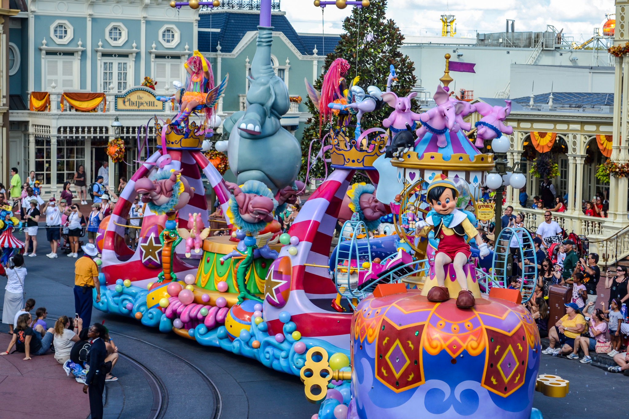 View of the Pinocchio float in the Festival of Fantasy Parade, a sensory-friendly attraction in Magic Kingdom.