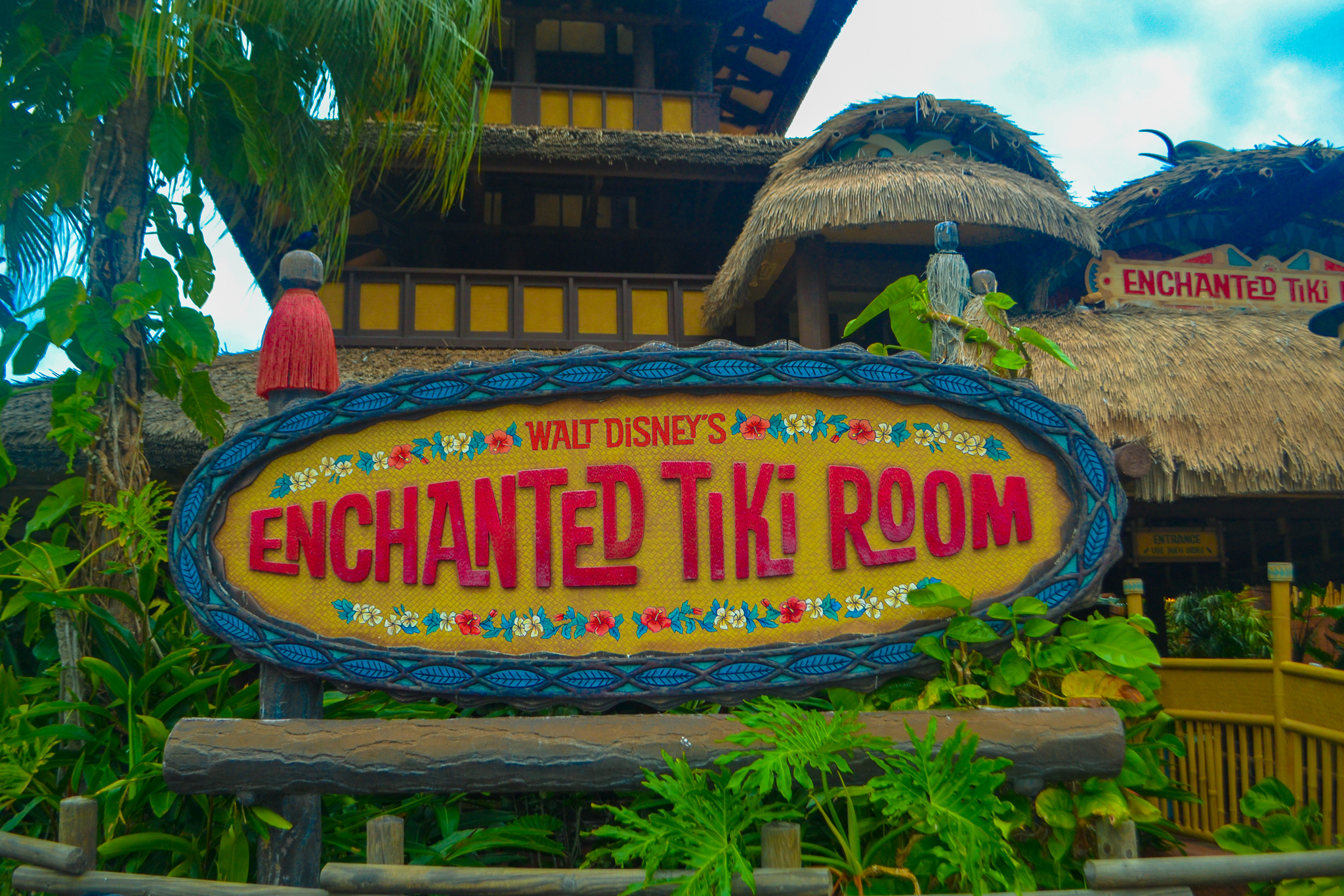 Entrance at Enchanted Tiki Room, a sensory-friendly attraction in Disney's Magic Kingdom