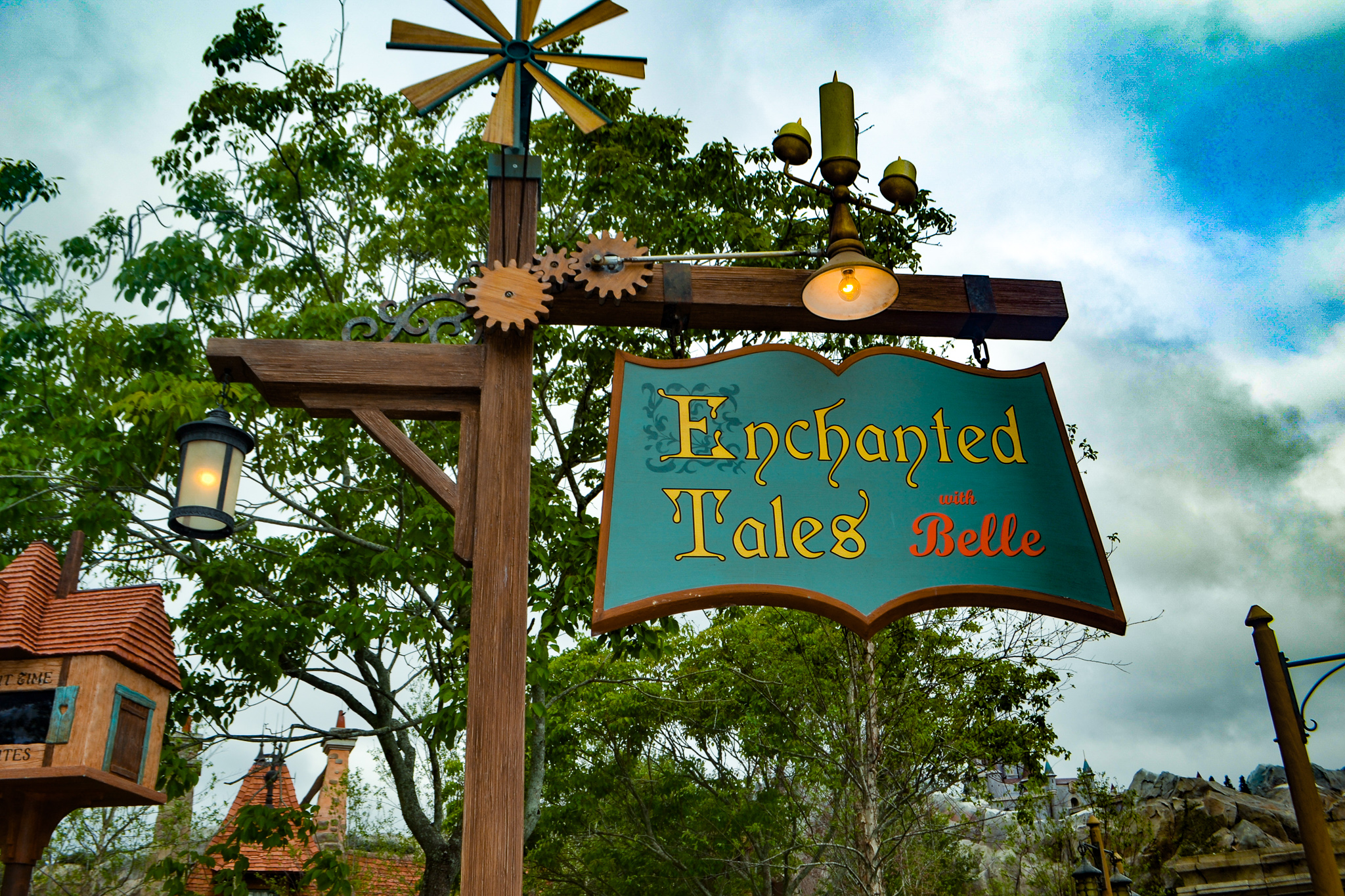 Entrance sign to Enchanted Tales with Belle, a sensory-friendly attraction in Disney's Magic Kingdom. 