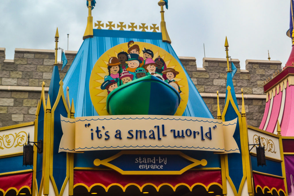 Entrance sign to "it's a small world", a sensory-friendly attraction in Disney's Magic Kingdom. 