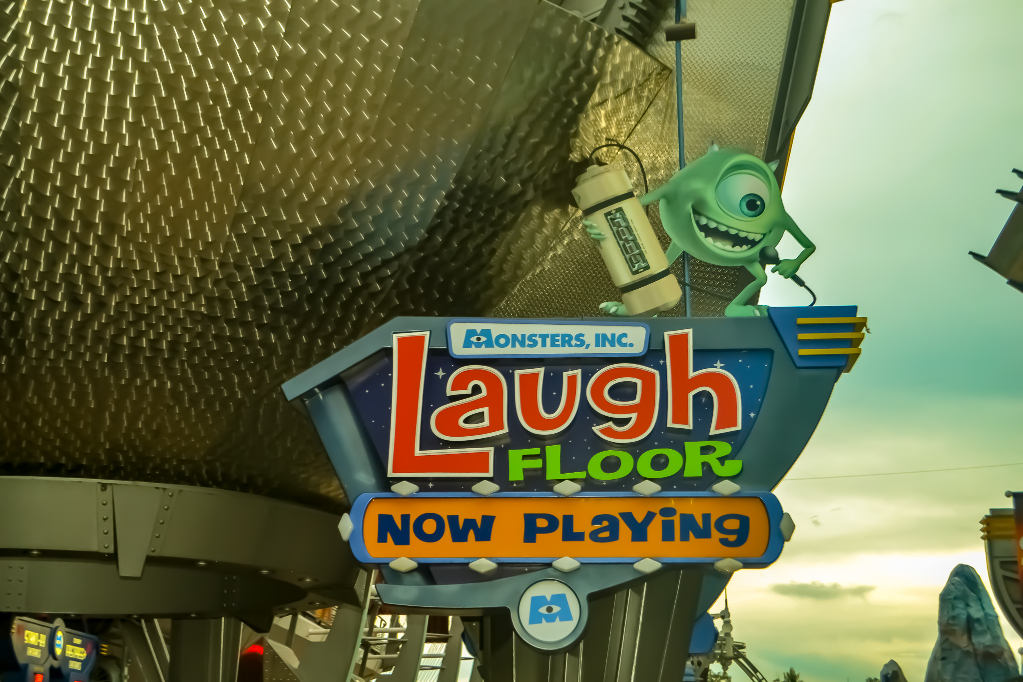 Entrance sign to Monsters Inc. Laugh Floor, a sensory-friendly attraction in Disney's Magic Kingdom.