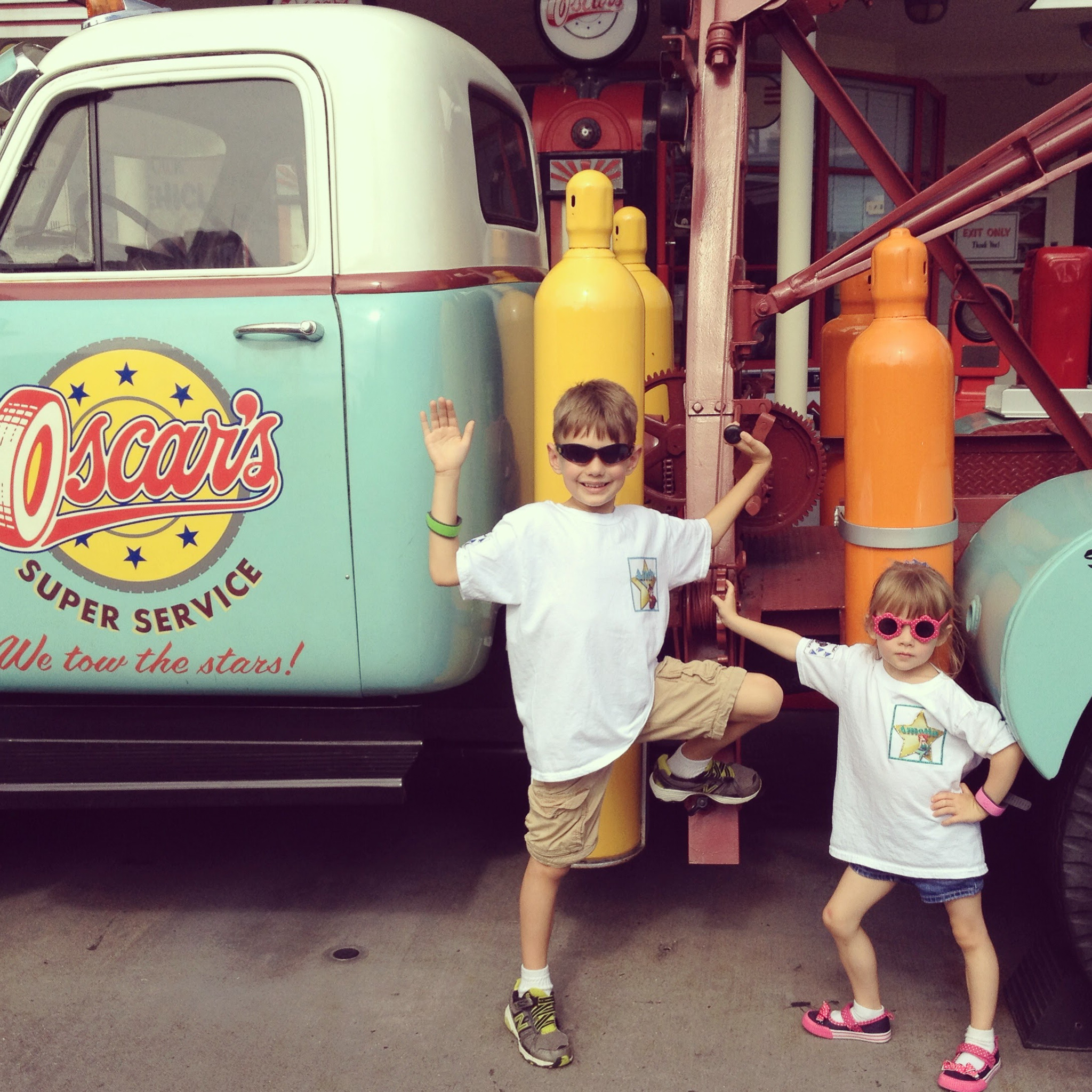 Kids in front of tow truck prop at Hollywood Studios 