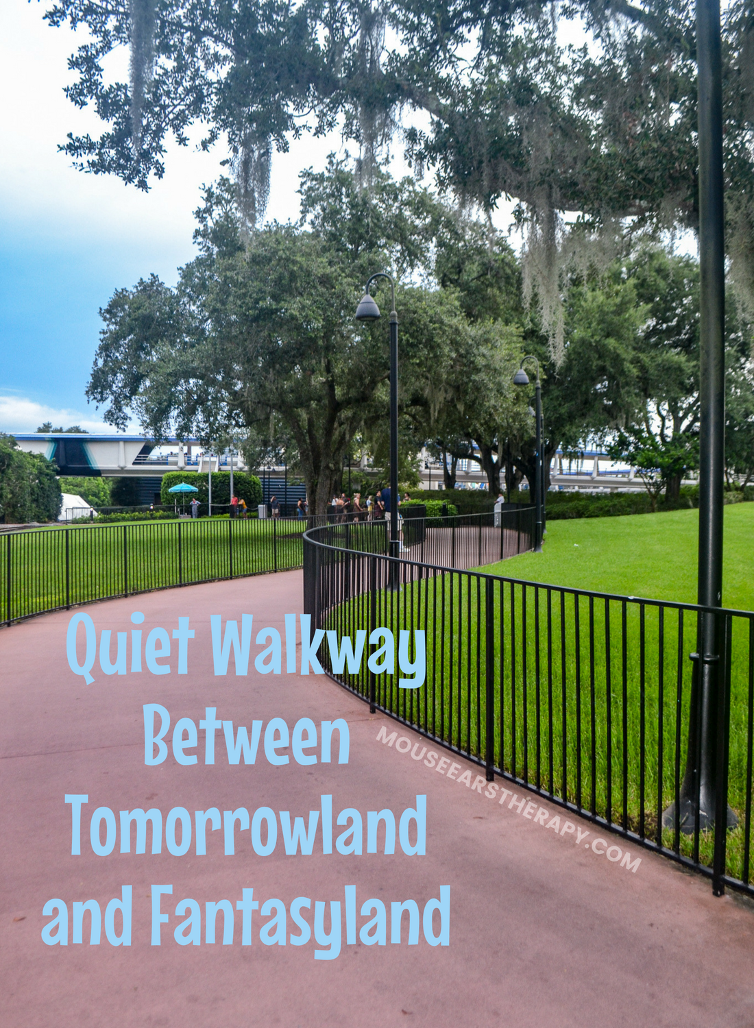 The quiet walkway between Tomorrowland and Fantasyland is a great sensory break area in Disney's Magic Kingdom 